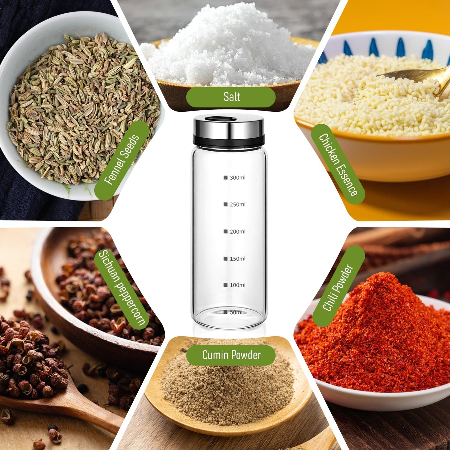 MySHUCE 4Pcs 10 oz Large Salt & Pepper Shakers, Clear Glass Shaker Bottles with 4 Adjustable Outlet Holes Spice Seasoning Cans for Kitchen Decor Home Restaurant BBQ Camping