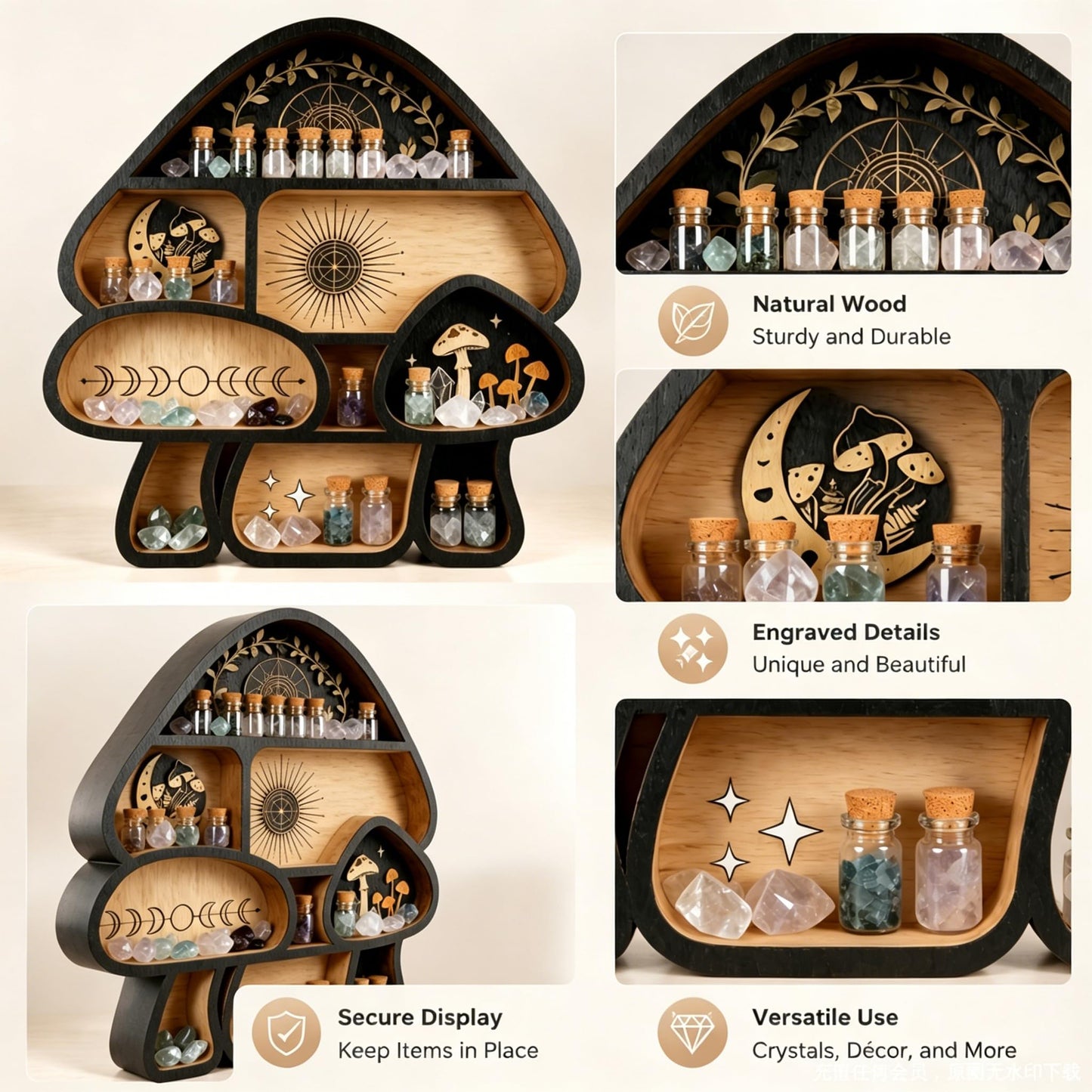 Zetosva Mushroom Crystal Shelf Display, Decor Wall Shelves, Crystal Holder, Mushroom Decorations and Trinket Shelf, Knick Knack Shelf, Unique Aesthetic Home Decor for Bedroom and Living Room