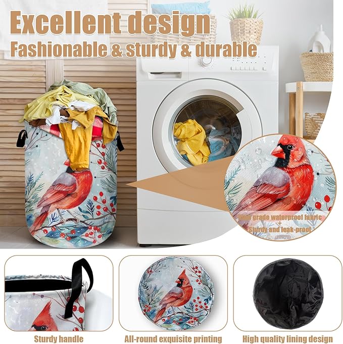Watercolor Red Bird Laundry Basket, Foldable Winter Cardinal Laundry Hamper