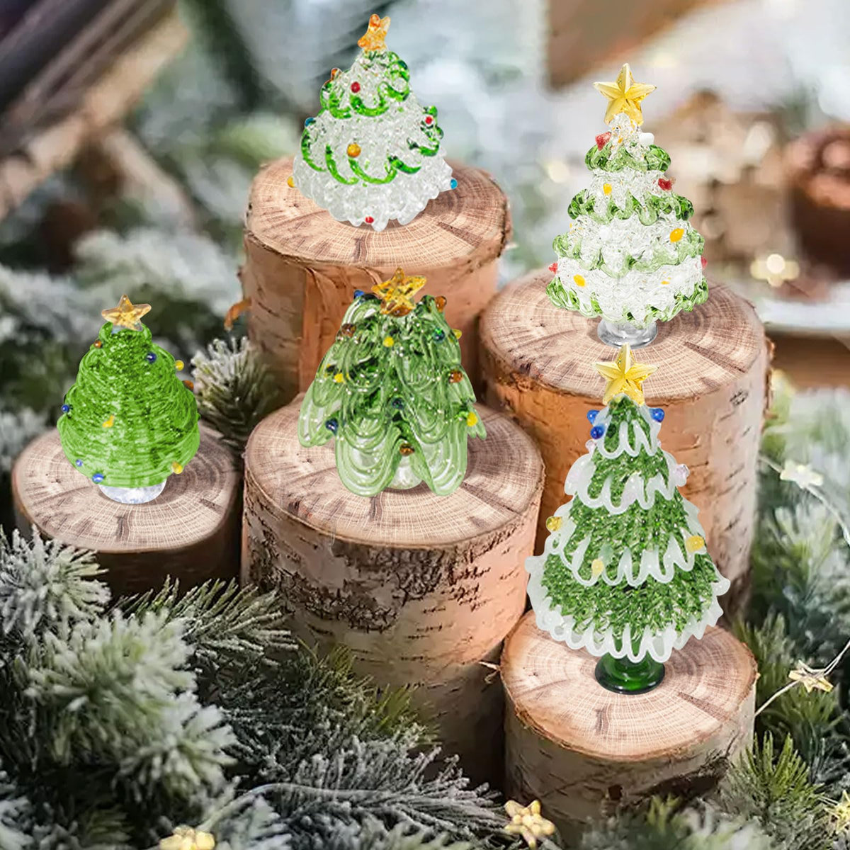 SYWAN Mini Crystal Christmas Tree Figurine Collection, Hand Blown Glass Tree Dollhouse Fairy Garden Miniature Small Winter Figurine for Xmas Party Tabletop Mantel Home Decorative Hanging Ornament