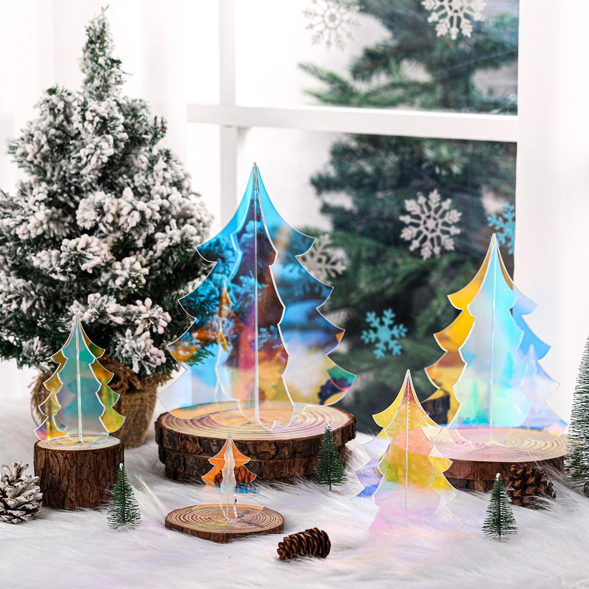 Amyhill 5 Set Holographic Christmas Tree Decor for Fireplace Mantel Iridescent 3D Christmas Tree for Window Shelves Table Centerpieces Modern Party Winter Decor