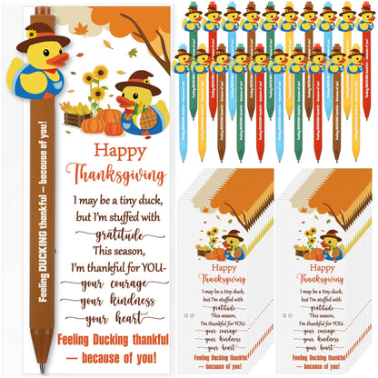 Sinload 50 Sets Thanksgiving Gifts Bulk Fall Appreciation Pens Gifts with Scarecrow Rubber Duck Pen Fall Season Thank You Greeting Card Thanksgiving Party Favor for Classroom Employee Coworker
