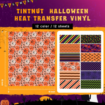 Tintnut Halloween HTV - 12 Sheets 12 X 10inches Heat Transfer Vinyl Orange Purple Green Iron On Vinyl for T-Shirts DIY Compatible with Cricut or Silhoutte Cameo