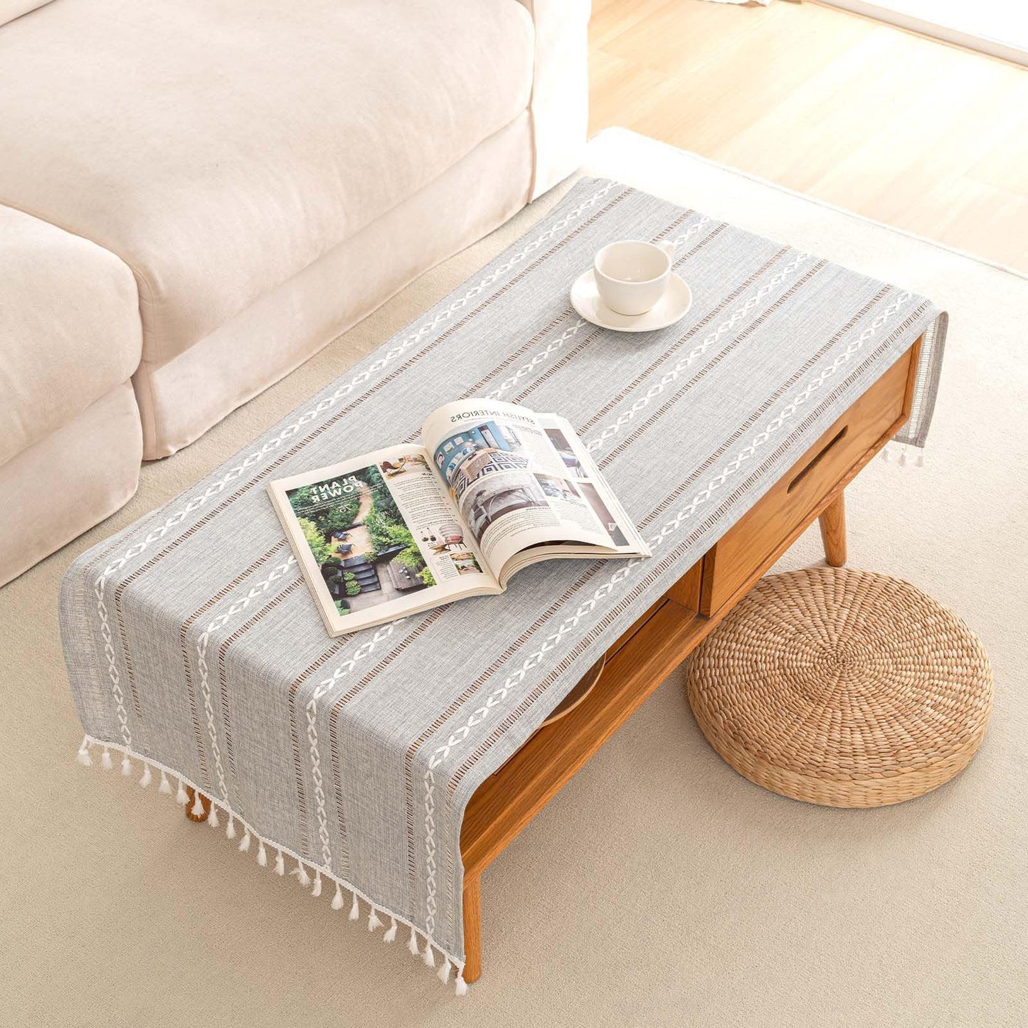 SIELUNO Linen Coffee Table Cloth, Rustic Farmhouse Coffee Table Cover for Living Room Tea Table Washer Dryer Fridge Top Dust Cover-Hollow Light Grey-20x60inch
