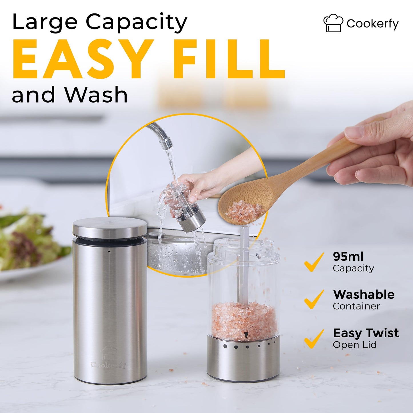 Electric Salt and Pepper Grinder Set Rechargeable Base, Stainless Steel Automatic Electric Salt and Pepper Shakers Set, Led Light, 95ml Capacity Refillable, 6 Coarseness Levels. Kitchen Accessories