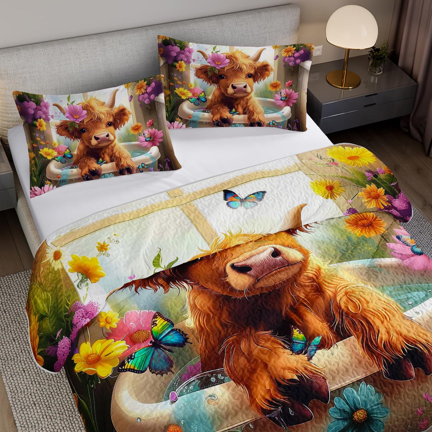 XYNHML Kawaii Farmhouse Cow Quilts Bedding Twin 3Pcs Western Funny Animal Highland Cattle Quilt Bed Set Lightweight Soft Bedspreads Coverlet with 2 Pillowcases for Kid Boy Girl Teen Adult Bed Decor