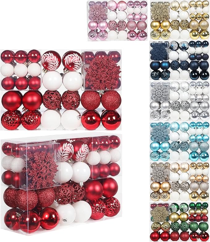 SY CRAFT 86 Pieces of Assorted Shatterproof Christmas Ball Snowflake Ornaments Seasonal Decorative Hanging Ornament Set with Hand-held Gift Package for Xmas Tree Decorations (86PCS, Red)