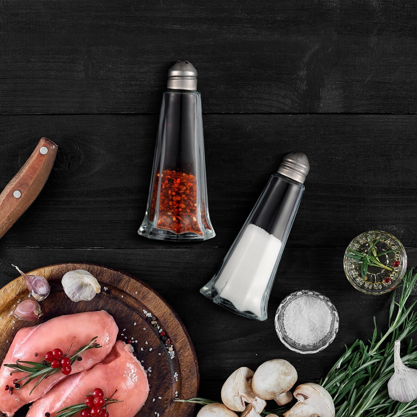 Bokon Set of 24 Tower Glass Salt and Pepper Shakers Bulk 1oz Small Tower Spice Shakers Refillable with Stainless Steel Chrome Top Lid for Home Restaurant Kitchen Seasonings Supplies
