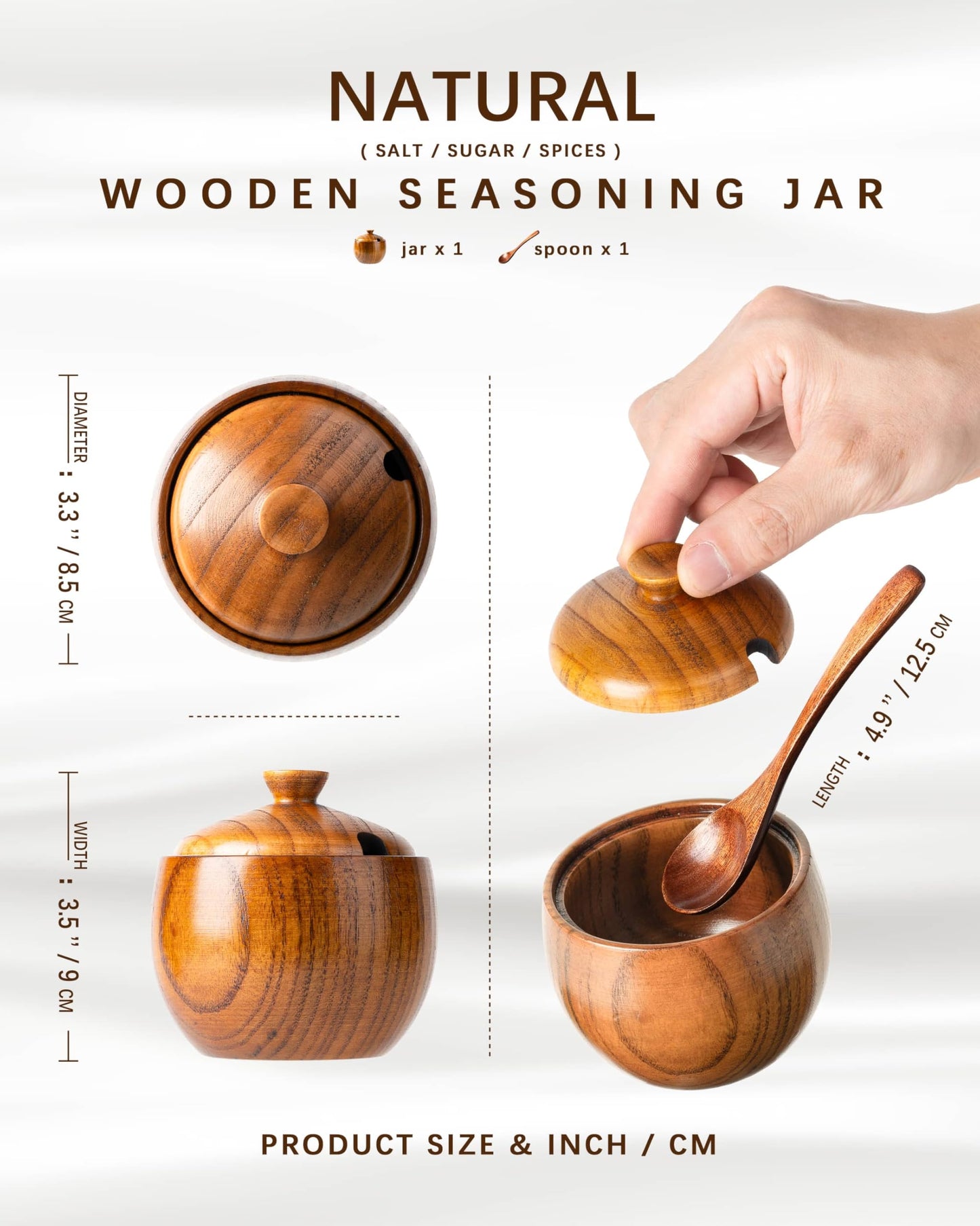 Hefild Jujube Wood Salt Container for Countertop, 6 Ounces Capacity Salt Cellar with Lid and Spoon, 3.3x3.5 inch Salt Box, Unique Salt Holder for Kitchen, Elegant Wooden Salt and Pepper Bowl