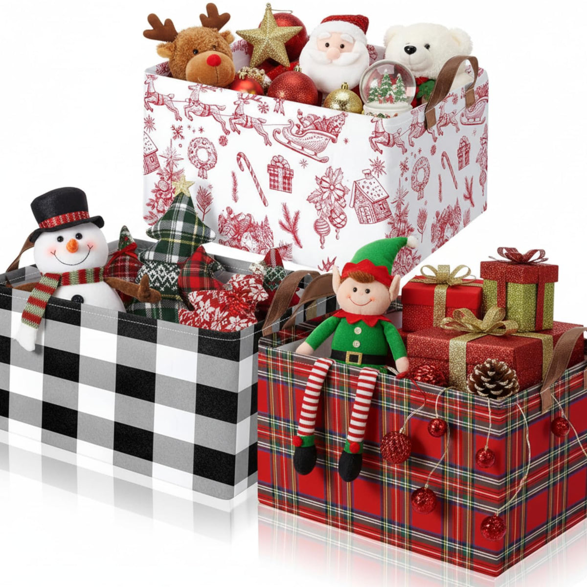 Boao 3 Pcs Christmas Foldable Storage Bins Red Black Plaid Laundry Basket with Handles Waterproof Elk Santa Claus Fabric Shelf Baskets for Organizing Closet Clothes
