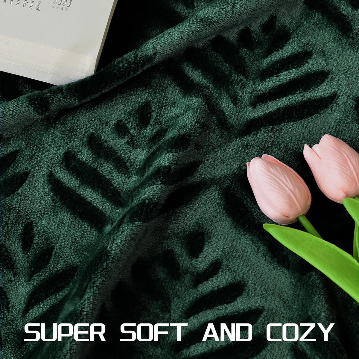 Exclusivo Mezcla King Size Fleece Blanket for Bed, Super Soft and Cozy Blankets All Season Use, Leaves Pattern, Plush Fuzzy Lightweight, Forest Green, 90x104 Inch