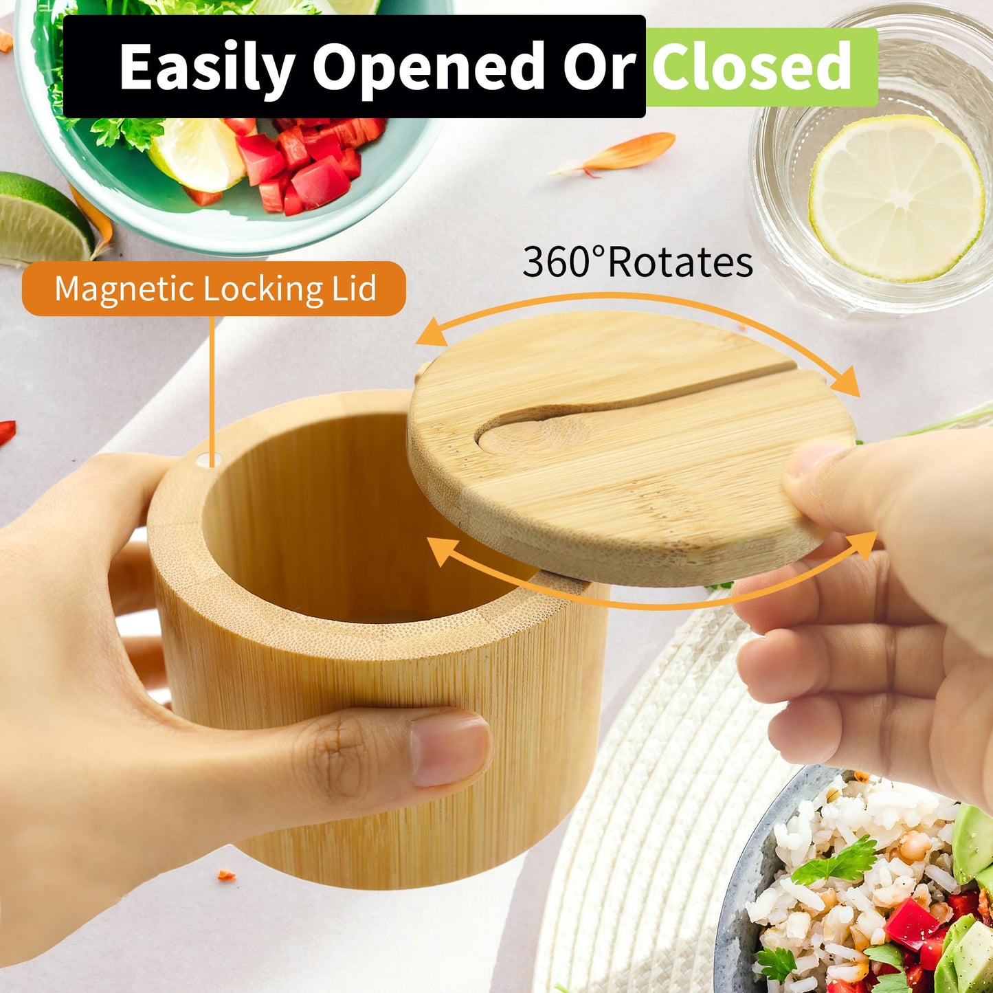 YITOBA 4 Pcs Bamboo Salt Containers for Countertop, Salt and Pepper Bowls with Magnetic Swivel Lid & Spoon, Salt Shakers for Kitchen, Spices Storage Jars, Sugar Holder (4 Pack)