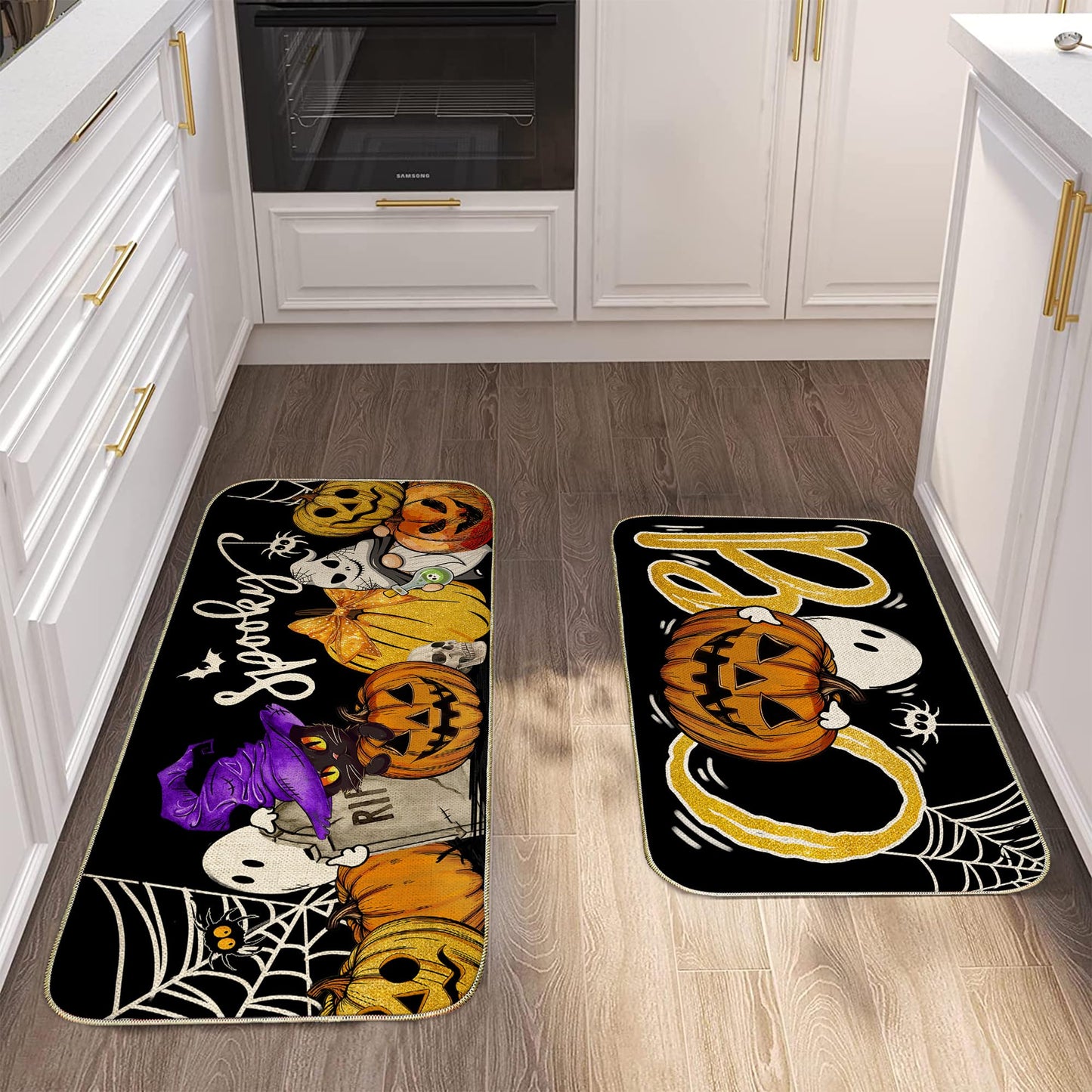 Unibyby Halloween Kitchen Mat Spooky Pumpkins Ghost Halloween Kitchen Mats for Floor, Boo Black Cat Kitchen Rugs and Mats Non Skid Washable Set of 2, Decorative Kitchen Decor 17x29 and 17x47 Inch
