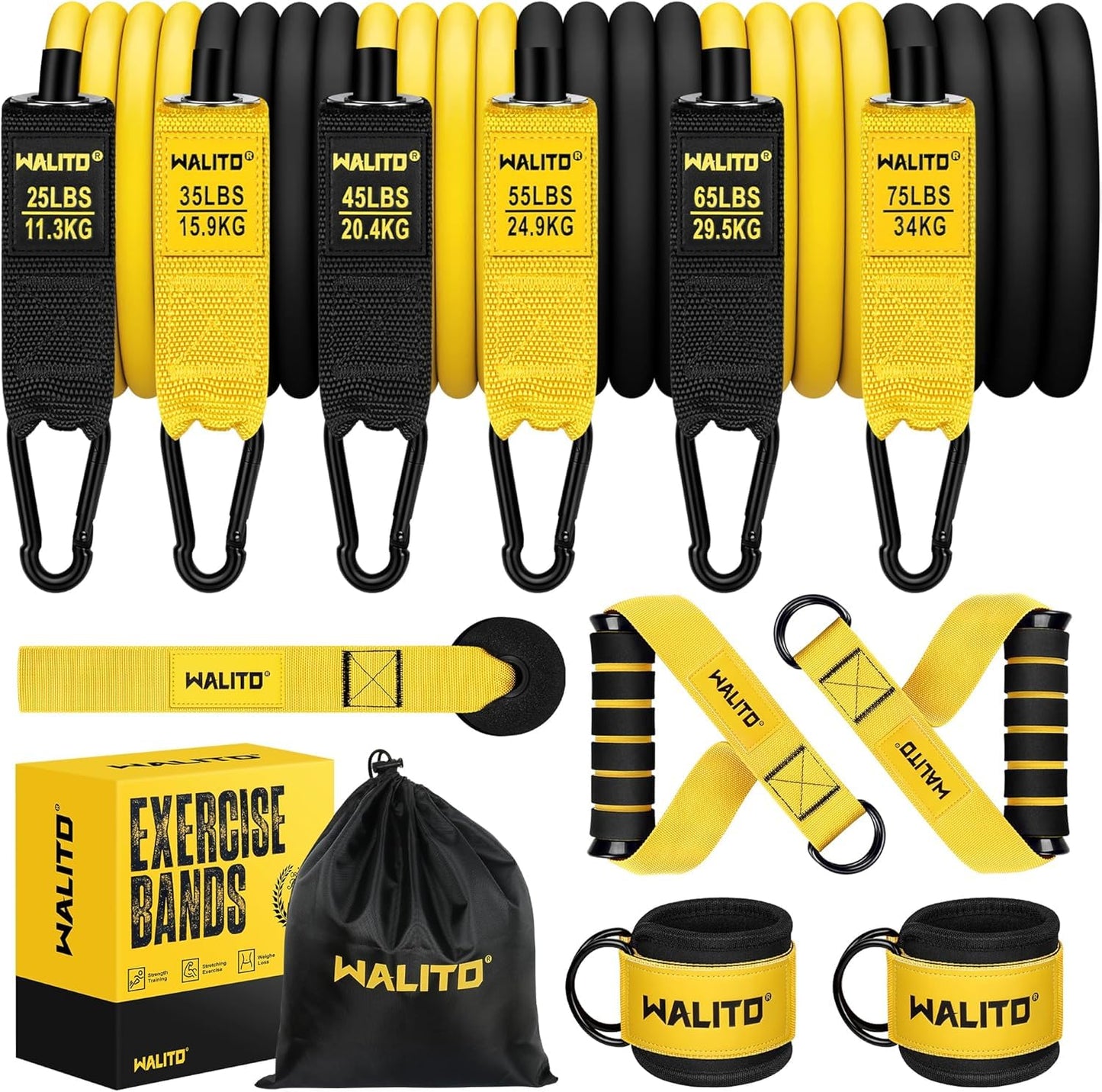 WALITO Resistance Bands Set - Exercise Bands with Handles, Door Anchor, Legs Ankle Straps, for Heavy Resistance Training, Physical Therapy, Muscle Training, Yoga, Home Workouts, Gym