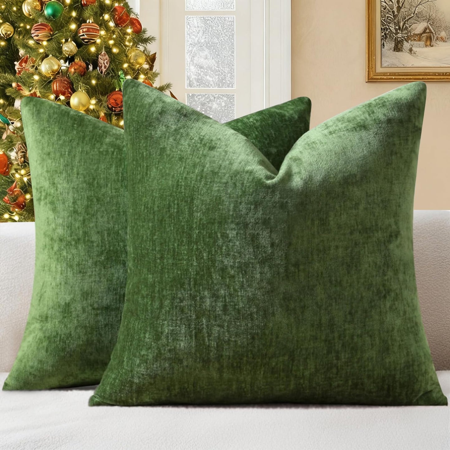 decorUhome Chenille Moss Green Christmas Throw Pillow Covers 18x18 Inch Set of 2, Decorative Soft Couch Pillow Covers Solid Dyed Accent Farmhouse Neutral Square Pillow Cases for Sofa