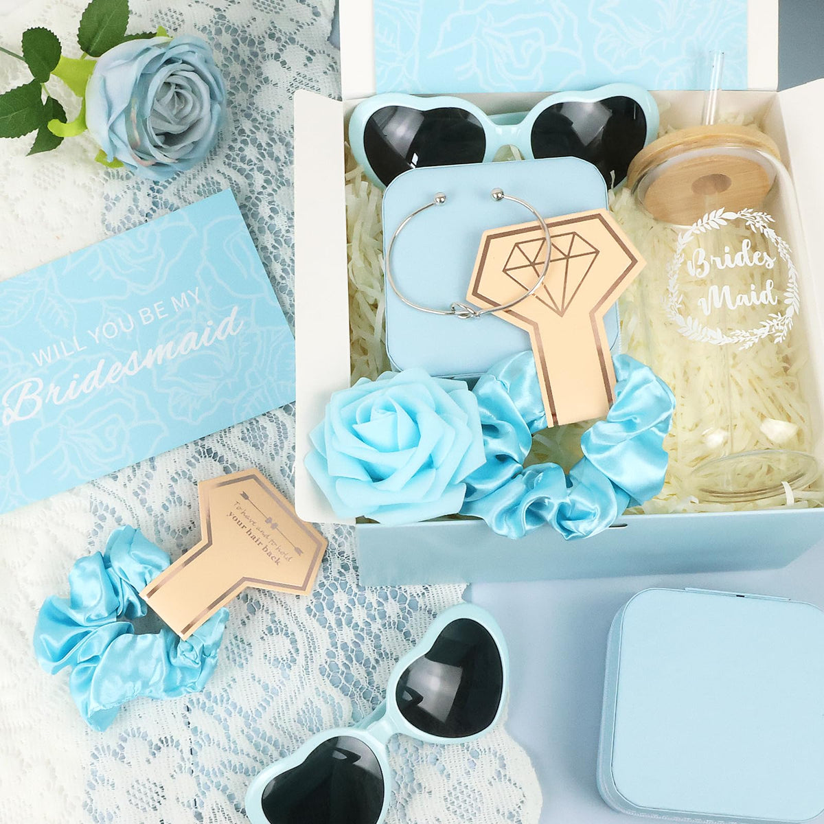 HOMENERGY Bridesmaid Proposal Gifts Set 2 - "Will You Be My Bridesmaid Kit with Elegant Box Jewelry Box Glass Cup Invited Cards Knotted Bracelets Sunglasses Scrunchies Raffia Grass (Blue, 18Pcs)