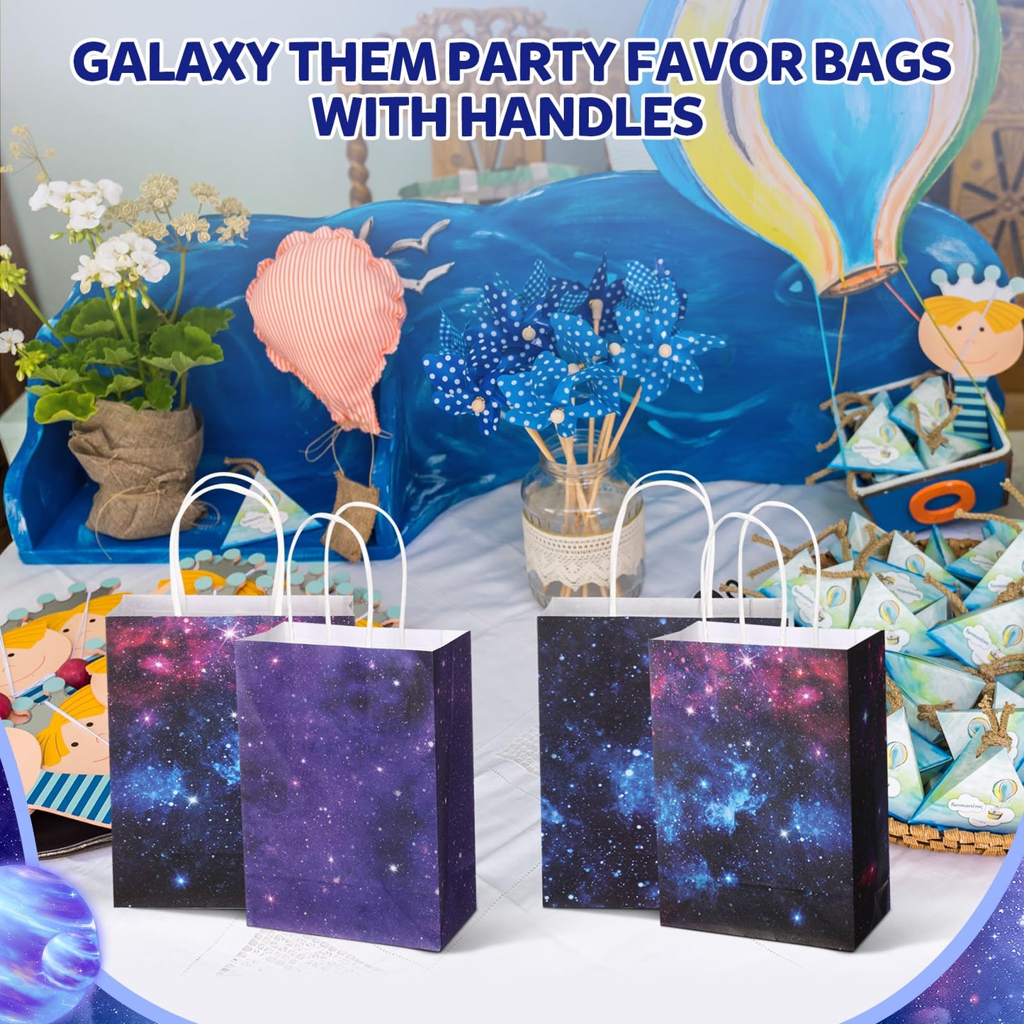 Gaillty 24 Pcs Galaxy Party Favor Bags Starry Sky Goodie Gift Bags with Handles Kraft Paper Galaxy Treat Candy Totes for Space Stars Themed Birthday Party Supplies Decorations