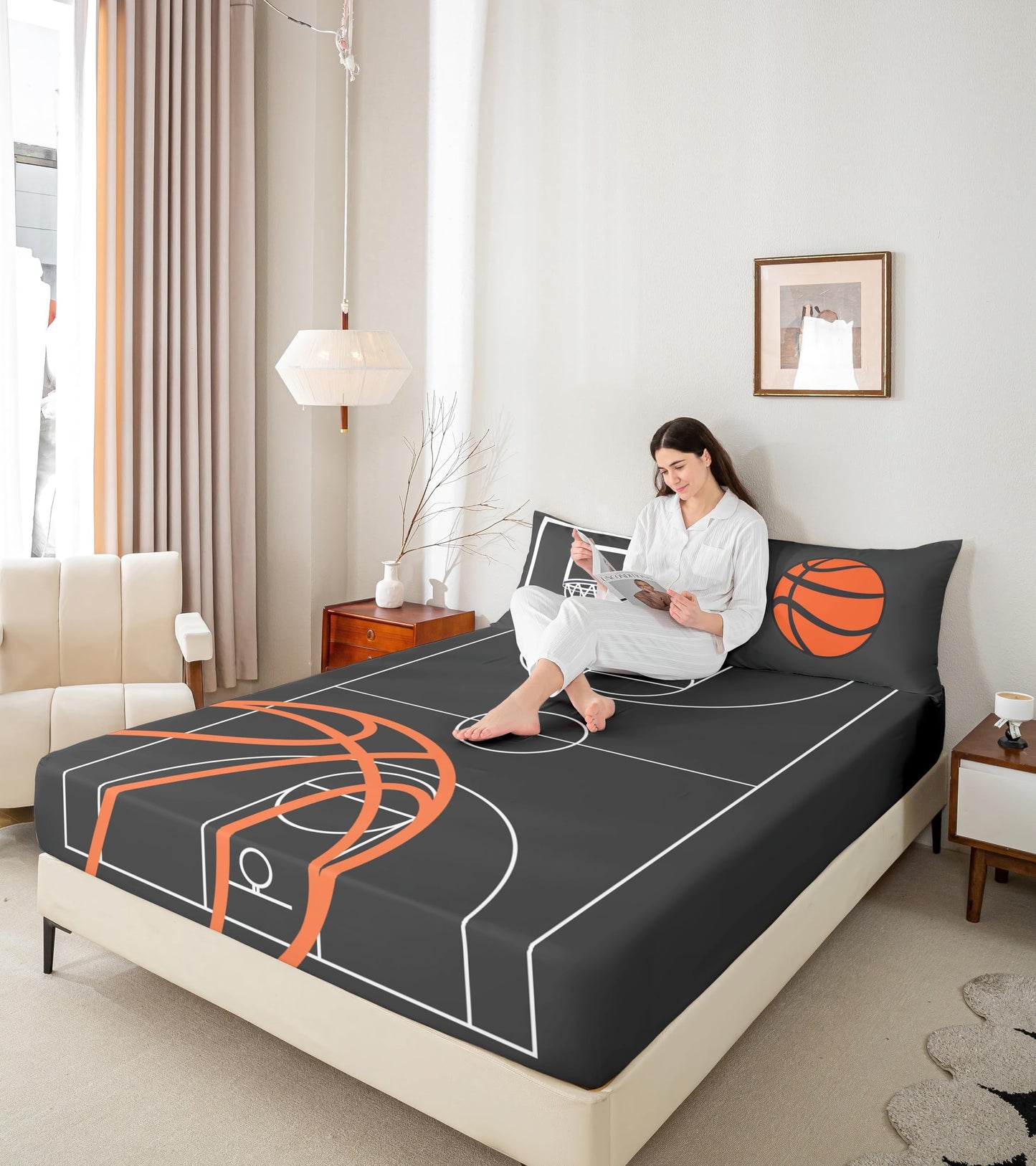 Basketball Court Print Fitted Sheet Set Full Size 4Pcs,Ball Sports Games Themed Bedding Set(1 Fitted,1 Flat,2 Pillows),Orange Basketball and Hoop Deep Pocket Bed Sheets for Girls Teens Room