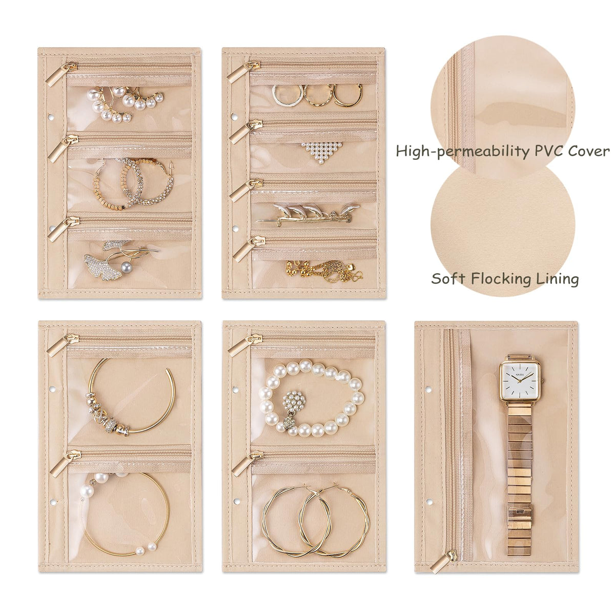 VLANDO Jewelry Book Organizer - Leather Travel Jewelry Case with 5 Detachable Pages for Necklaces, Rings, Earrings, Tangle-Free, Giftable, Latte