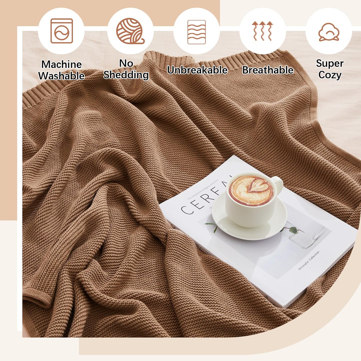 Breling 3 Pcs 50 x 60 Inch Large 100% Cotton Knitted Throw Blanket for Couch Sofa Bed Room Home Use Travel Soft Lightweight and Machine Washable Cozy Knit Blanket Handmade Lap Towel,Beige Orange Brown