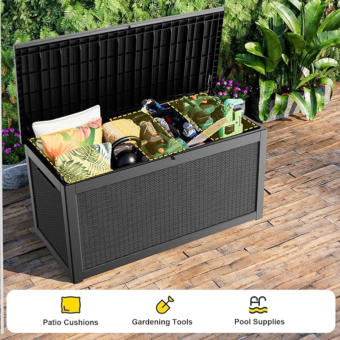 320 Gallon Outdoor Storage Box,Large Waterproof UV Resistant Deck Box,Lockable Storage Container for Patio Furniture Cushions Garden Tools and Pool Accessories(Black)