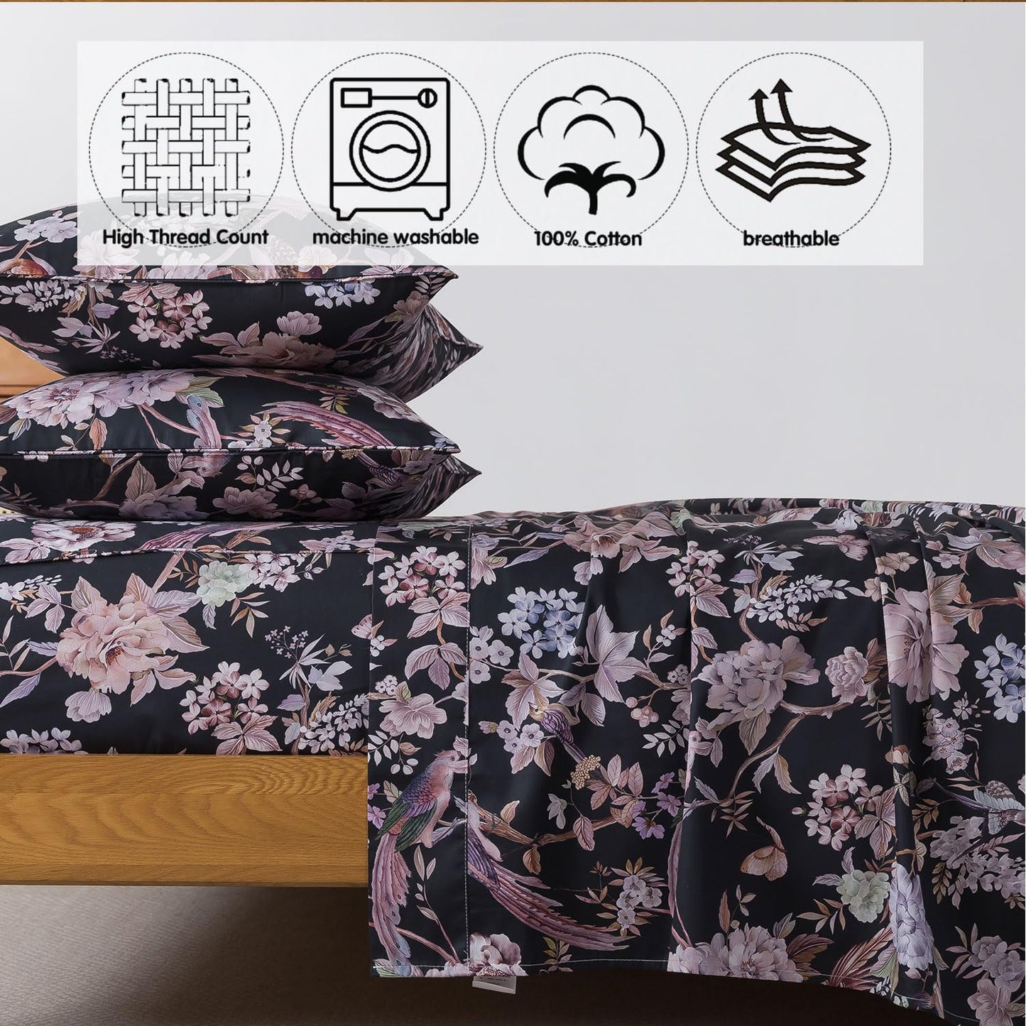 FADFAY Queen Sheet Set,4-Piece Long-Staple Cotton, Vintage Black Floral & Bird Print Bedding, Deep Pocket Fitted Sheet, Soft & Breathable for All Seasons
