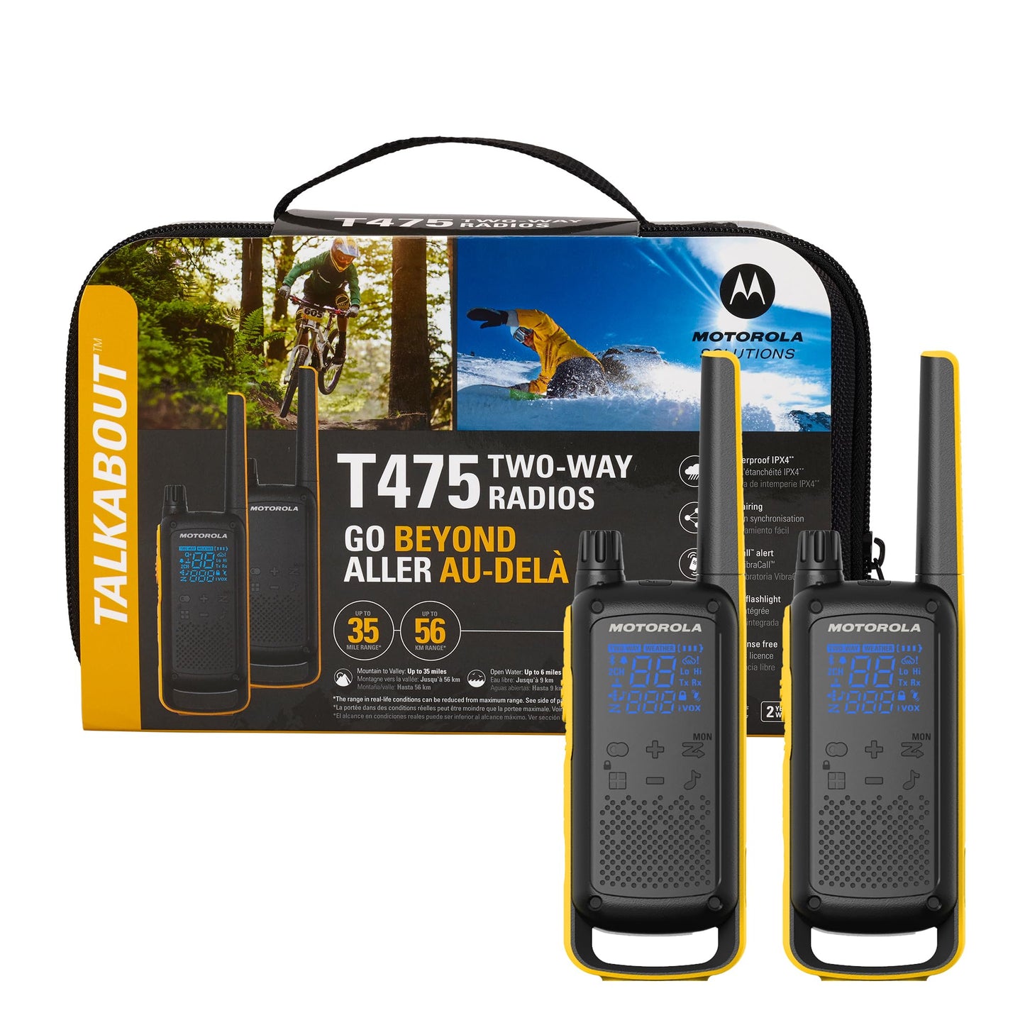 Motorola T470 Talkabout Two Way Radios, Long Range Emergency Rechargeable Waterproof Walkie Talkies 22 Channel, 35 Mile outdoor Black Yellow, 2 Pack