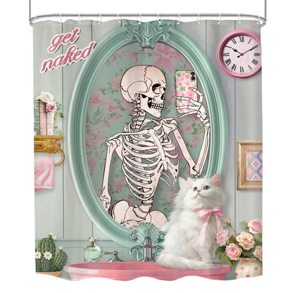 Mitpok Funny Skull Skeleton Shower Curtain 60Wx72H Cute Cat Retro Kitten Animal Gothic Fun Floral Fashion Bathroom Decor Halloween Unique Cool Horror Scary Bath Curtain Fabric Polyester 12 Pack Hooks
