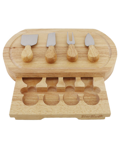 Cheese Board Set by StarBlue - with 4 Knives and Slide Out Drawer | Large Oak Wooden Cheese and Platter Cutting Serving Plate Tray | Best for Housewarming and Birthday Gift