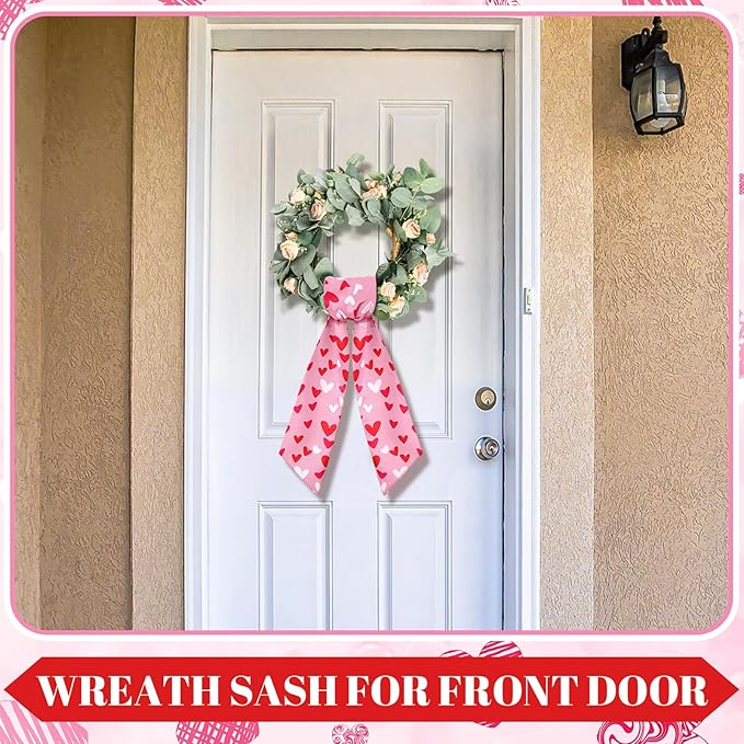 Wreath Sash for Front Door Wreath Satin Sash Blank Sashes Embroidery Monogram Yard Doorway Indoor Outdoor Wall Ribbon Bow Home Decor(Red, Pink,Romantic Heart Print)