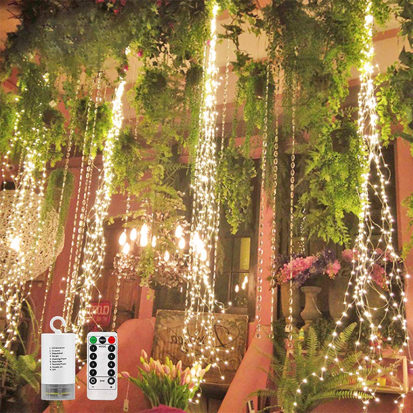 SHUKAN 220 LED Firefly Bunch Lights Battery Operated, 8 Flashing Modes Waterproof Copper Wire Waterfall Lights, Remote Controlled Timer and Hooks, Fairy Lights for Indoor Outdoor Decor (Warm White)