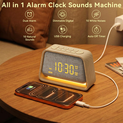Vivilumens Wooden Alarm Clock White Noise Sound Machine for Sleep 10 Soothing Sounds 10 Natural Sounds for Adults Sleeping Digital Dimmable Night Light Gentle Clock for Bedroom Dual Alarm Ideal Gift