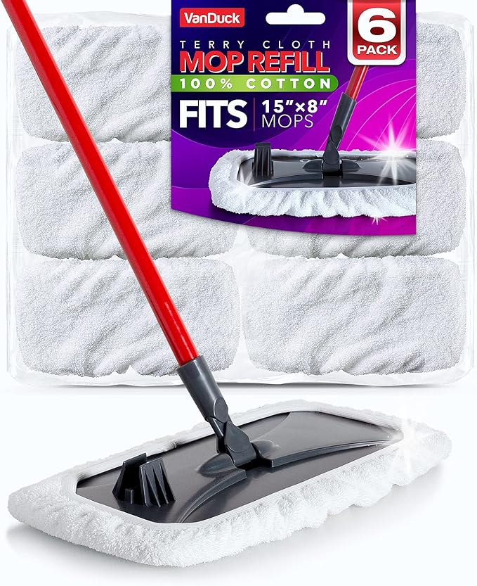 VanDuck 100% Cotton Terry Cloth Mop Pads 15x8 Inch 6-Pack