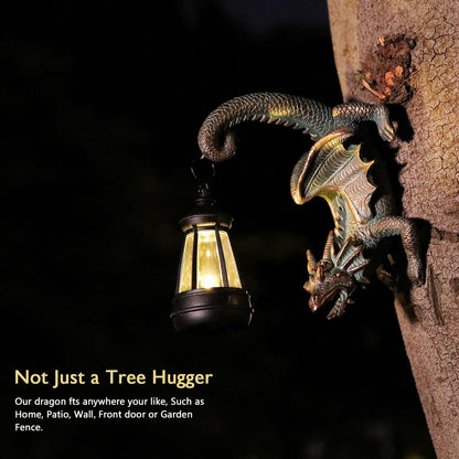REYISO Solar Dragon Tree Hugger Statue Wall Decor - Gothic Garden Statue with Solar Lantern, Outdoor&Yard Decor, Fantasy Dragon Figurine for Trees, Walls, or Fences - Unique for Men & Women