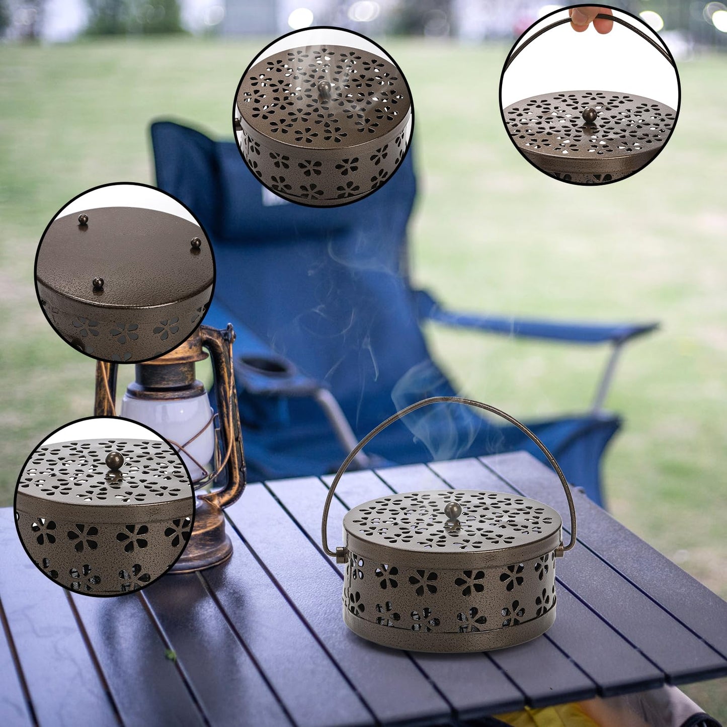 ZENFUN 2 Pack Iron Coil Holders with Lid and Handle, Bronze Incense Coil Burner with Lid, Retro Portable Coil Holder for Camp Use, Indoor, Outdoor, Fireproof, 5.7 Inches Diameter