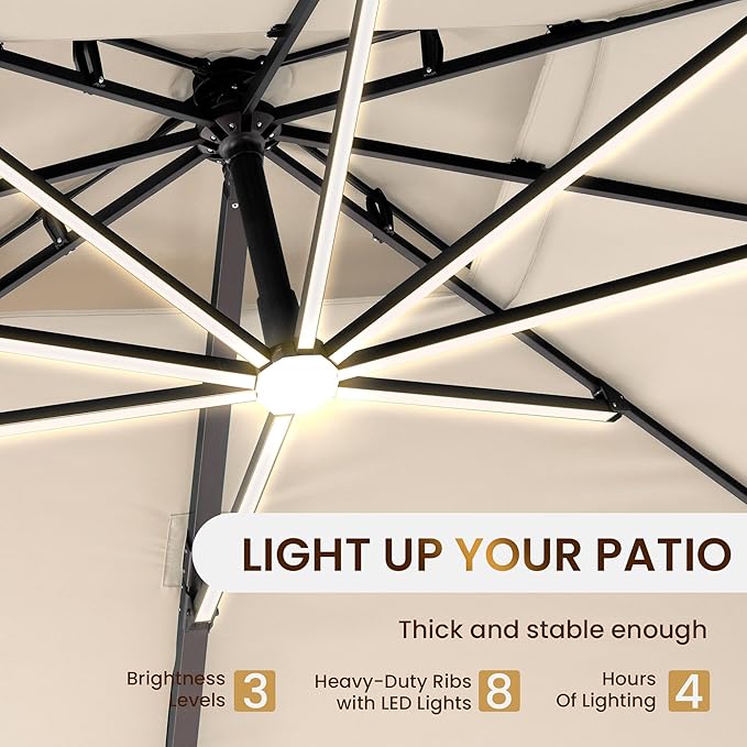 10 X 13 FT Cantilever Patio Umbrella with Led Lights and Base Included Outdoor Heavy Duty Double Top Rectangle Offset Umbrellas with 360-degree Rotation for Pool Deck Backyard, Beige