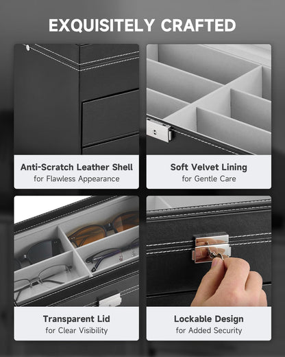 CO-Z 18 Compartment Sunglasses Organizer, Leather Eyeglasses Storage Box for Women Men, Lockable Eyewear Display Case with Drawer, Glasses Holder with 18 Slots for Watches Jewelry Collection, Black