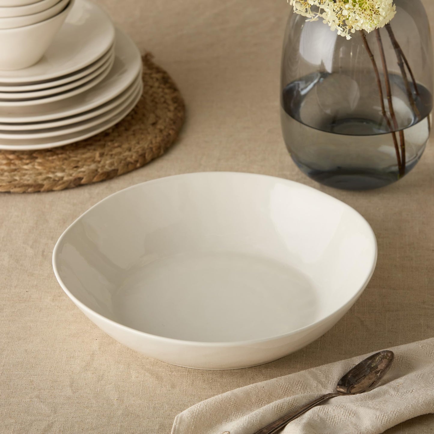 Linen Cream Stoneware Pasta Serving Bowl 128 oz – 13"x3" Oversized Neutral Glazed Bowl for Pasta, Salads, Entrees & Family Meals – Modern Farmhouse Style, Durable Stoneware Serveware