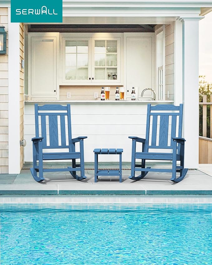 SERWALL Oversized Rocking Chair Outdoor, HDPE Outdoor Rocking Chair, Blue