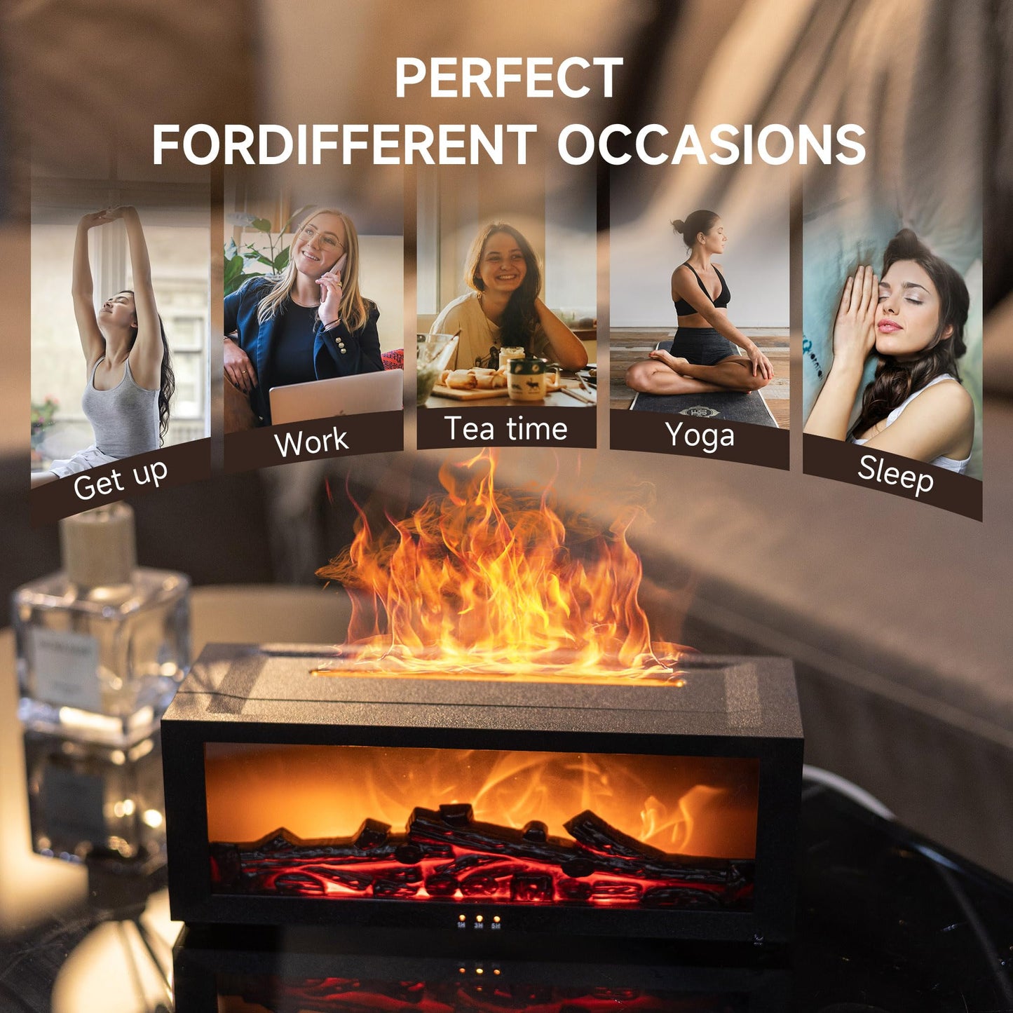 Fireplace Flame Air Diffuser Humidifier,7 Colors Aromatherapy Essential Oil Diffuser,Ultrasonic Aroma Humidifier with Timer for Home,Bedroom,Office,Yoga (BlackB, L)