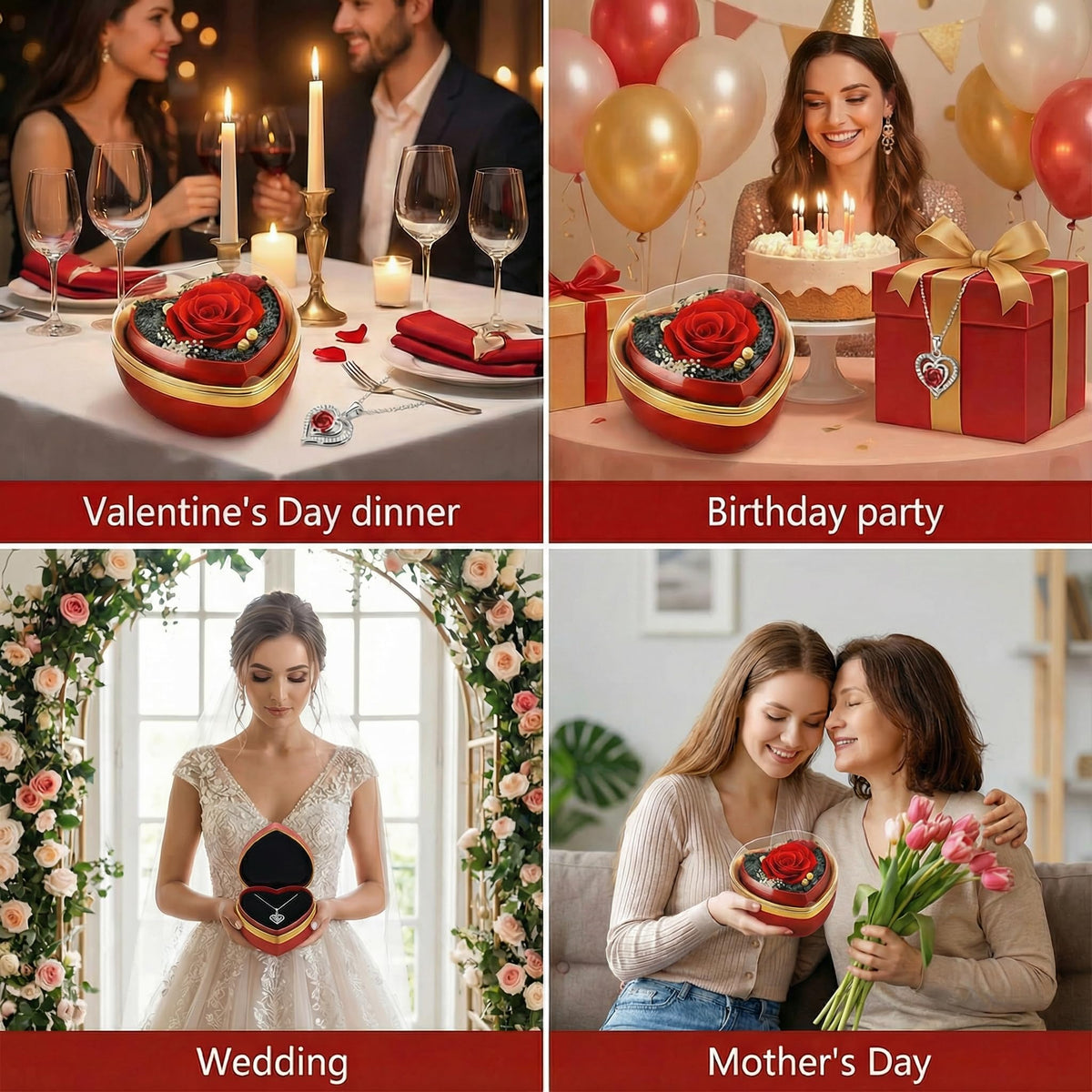 Eternal Real Rose Dainty Love Pendant , Preserved Red Rose Gift Box with Heart Necklace, Gifts for Women, Mom, Wife, Gifts Idea on Valentine's Day, Mother's Day, Birthday, Anniversary, Thanksgiving