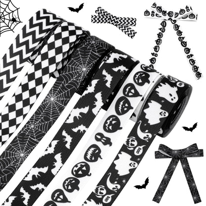 Whaline 6 Rolls Halloween Wired Edge Ribbon Spiderweb Ghost Pumpkin Fabric Ribbon Black White Wrapping Ribbons for DIY Crafts Wreath Bow Making Supplies, 30 Yard
