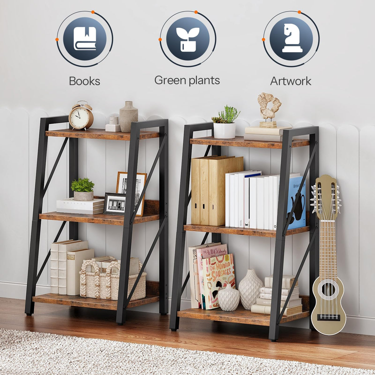 HOOBRO Ladder Shelf, 3-Tier Bookshelf, Corner Bookcase, Small Bookshelf with Metal Frame, for Living Room, Bedroom, Home Office, Kitchen, Rustic Brown and Black BF303CJ01