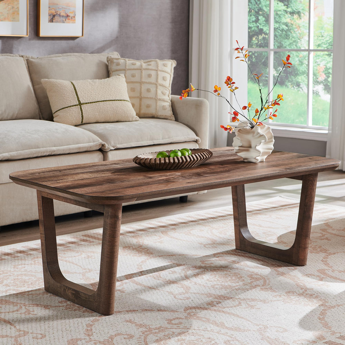 ACCOHOHO Mid Century Modern Coffee Table for Living Room,51.2" Large Rectangle Wood Coffee Table with U-Shaped Legs & Sturdy Base Design,Center Table for Office,Apartment,Light Brown