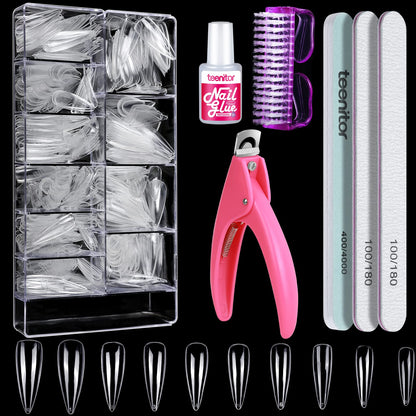 Teenitor Clear Coffin Nail Tips Set, Long Acrylic Nail Kit Full Cover Clear Press On Nails, 600 Pcs Fake Nails with Glue, Acrylic Nail Clipper Files and Buffer Polisher