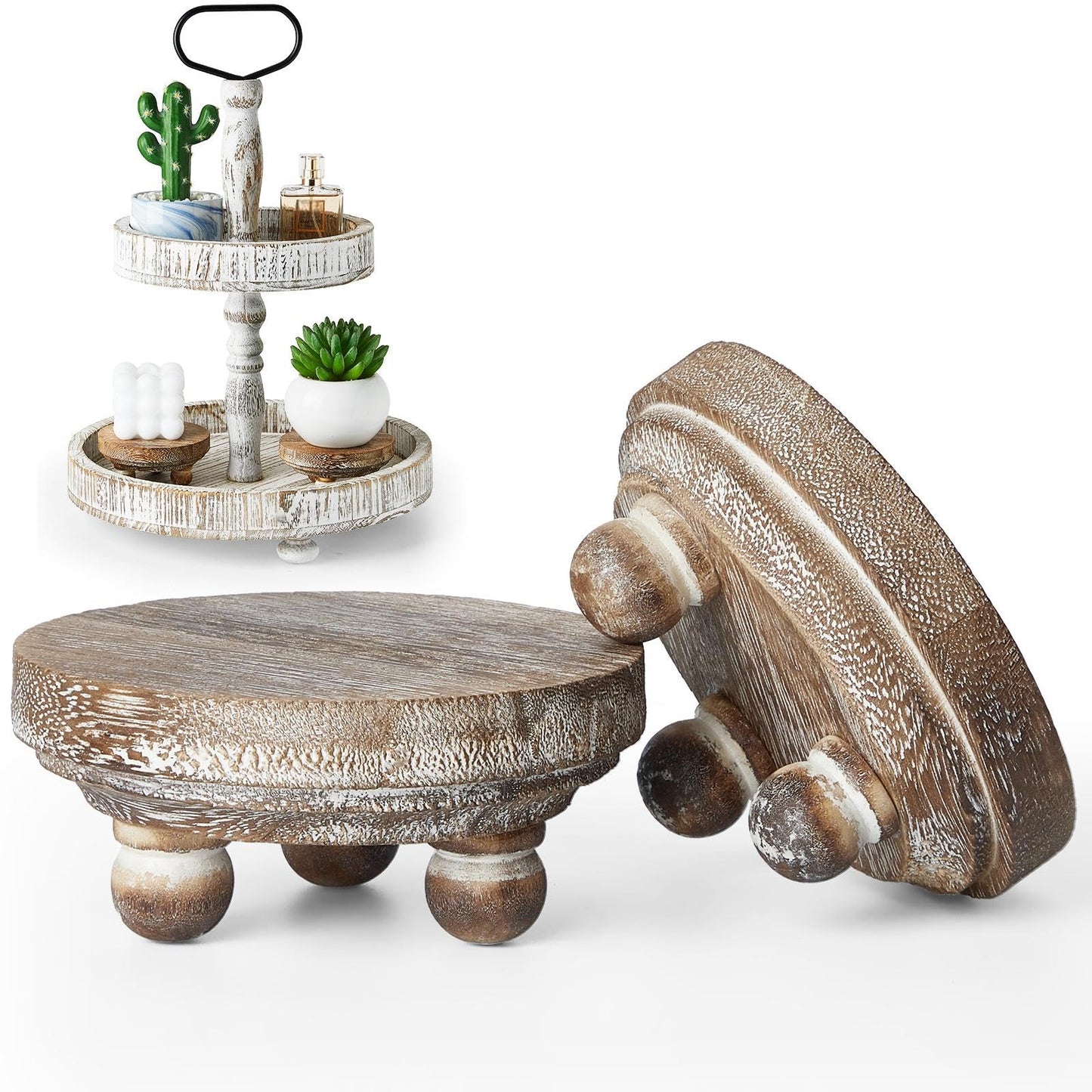 Yalikop Set of 2 Mini Wood Risers for Decor Round Wooden Riser Small Wooden Stool Display Stand Farmhouse Rustic Wood Pedestal for Plant Pot Tiered Tray Decor Cake Food Collection Display(Brown)