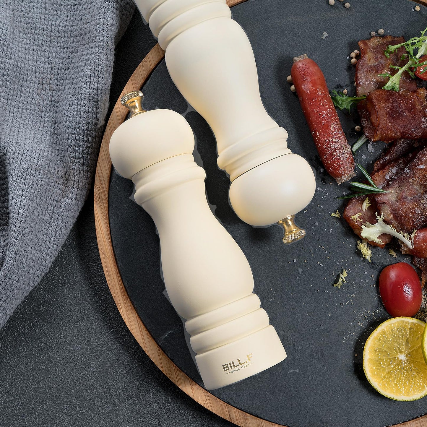 BF BILL.F SINCE 1983 Salt and Pepper Mill Set, Wooden Pepper Mill, Set of 2 Manual Salt Pepper Shaker Mill, Refillable, 7 Inches (Cream Set)