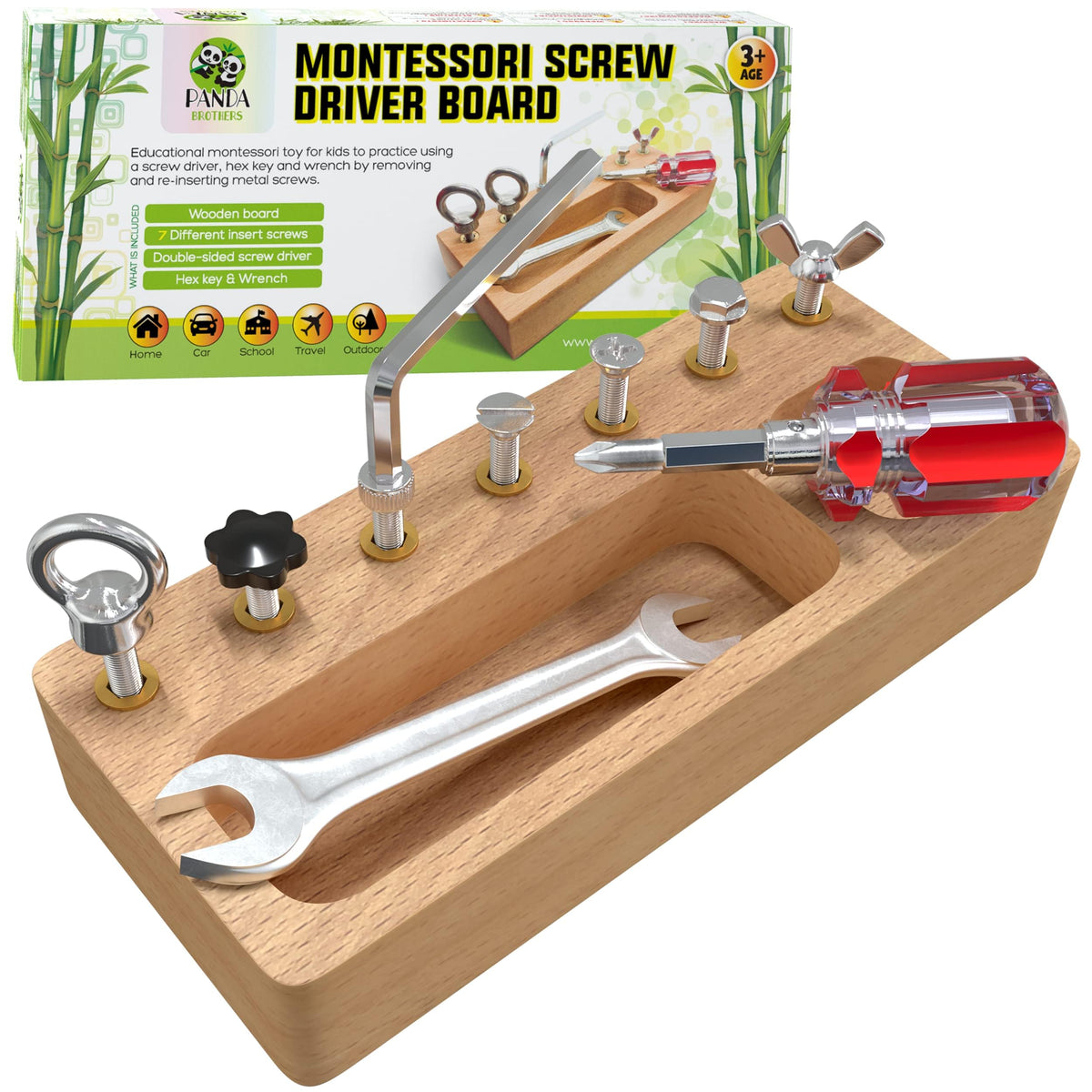 Panda Brothers Montessori Screwdriver Board Set - Wooden Montessori Toys for 4 Year Old Kids and Toddlers, Sensory Bin, Fine Motor Skills, STEM Toys