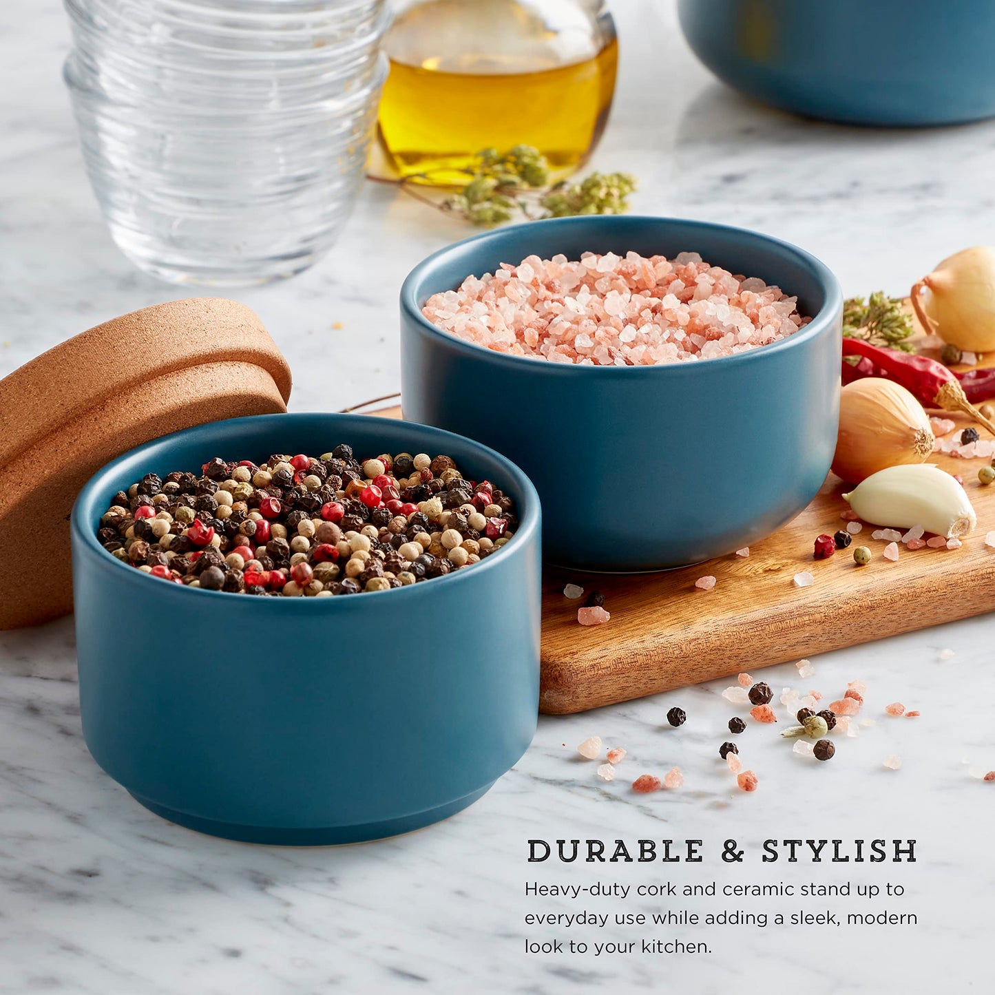 Ceramic and Cork 3 Piece Stackable Salt and Pepper Cellar For Countertop Space Saving, Easy Lift Lid to Retain Freshness, Natural Cork and Teal Ceramic