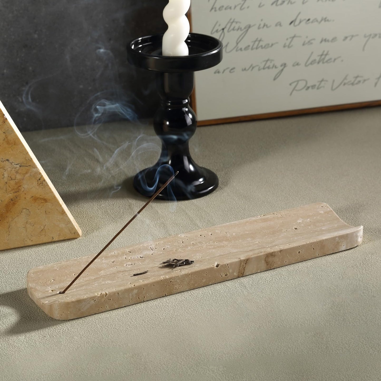 Koville Marble Incense Holder, Incense Holder for Sticks, Incense Sticks Holder Ash Catcher for Meditation Yoga SPA, Natural Stone Incense Burner, Home Table Decor (Travertine)